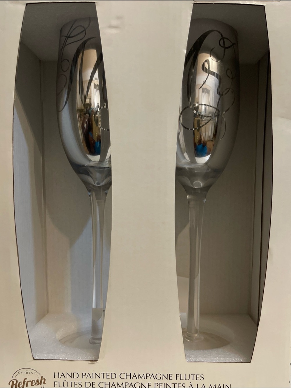 Rare Mr. & Mr. (MALES) Champagne Flute Glasses Hand-painted Silver Mirrored NIB
